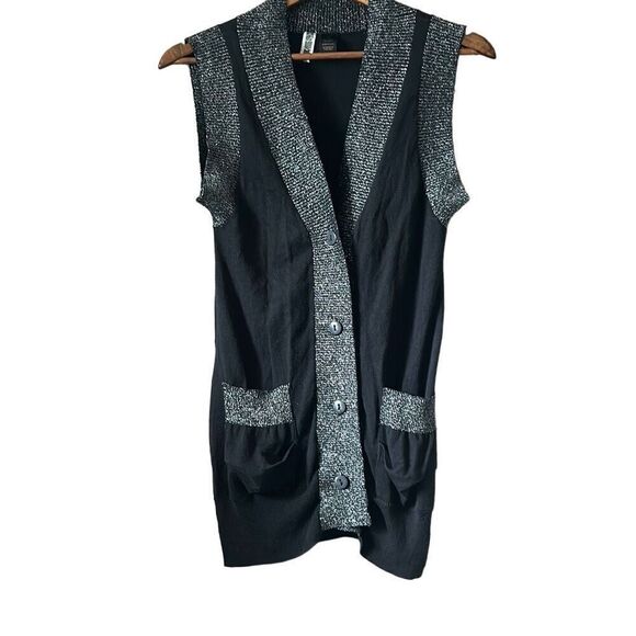 Sleeveless Cardigan Vest Open Front Knit Black Gray Pockets Casual - Picture 1 of 6
